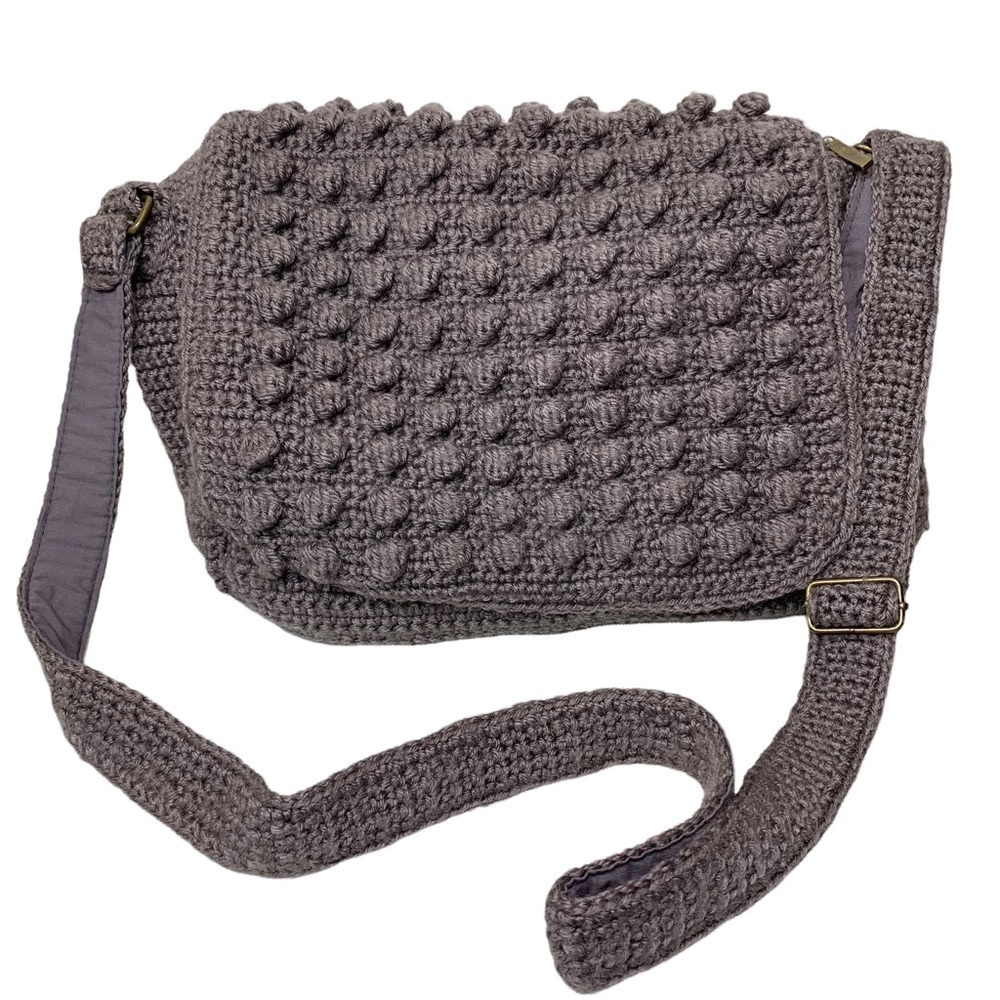 SIMONS Gray Knit Crossbody Bag Pom Pom Ajustable Shoulder Strap Zippered Tote